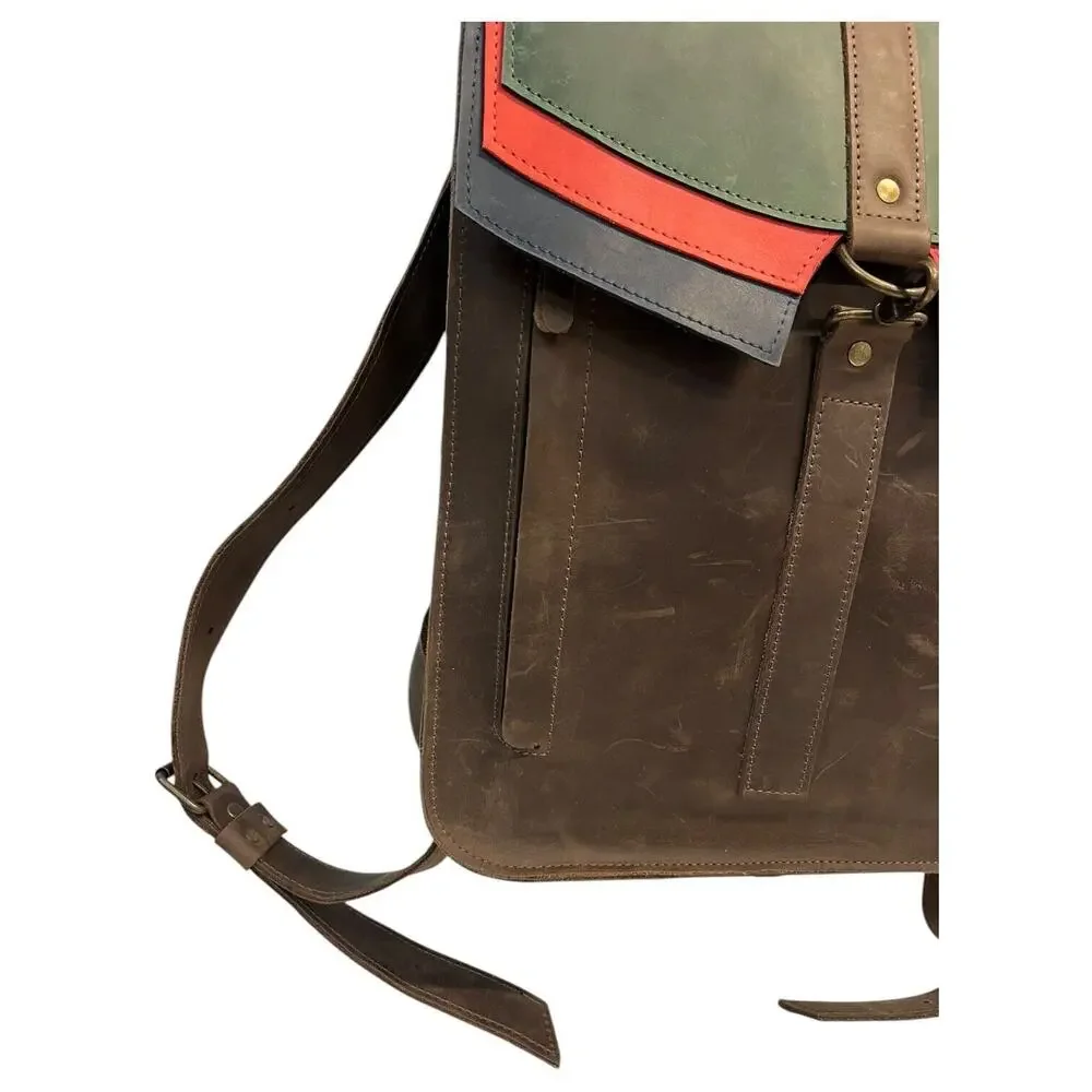 Leather Handmade Backpack Laptop Flap Closure Adjustable Clasp Unisex Brown
